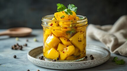 A jar of spicy mango pickle filled with bright yellow diced mango, garnished with fresh coriander. Food preservation