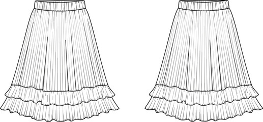 Pleated skirt fashion technical sketch, ruffle detail vector illustration, front and back view, flat design, apparel template, CAD drawing
