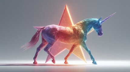 Unicorn in rainbow shades under a massive Christmas star shadow on a prismatic white backdrop, festive fantasy vibe