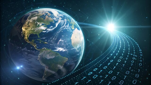 Earth globe with binary code flowing towards a bright light in a dark starry background - ai generated - Powered by Adobe