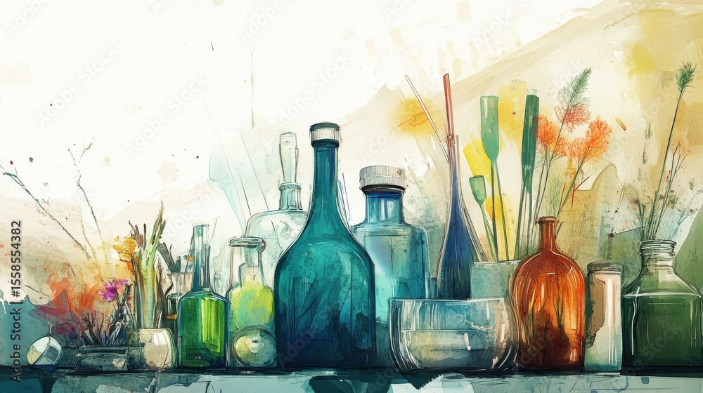 Aufkleber serene still life with colorful bottles and flowers on table