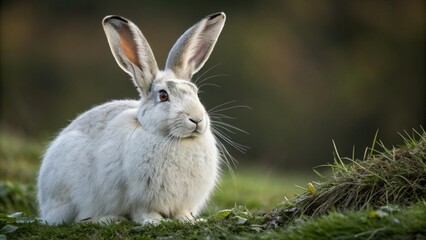 A cute, fluffy white bunny on a meadow of green grass a British Giant rabbit playing in the garden high quality image
