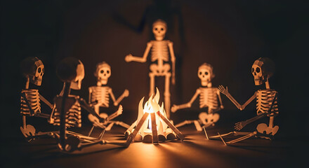Halloween-themed paper skeletons gathered around a campfire creating a spooky yet playful scene, ideal for autumn festivities and seasonal celebrations