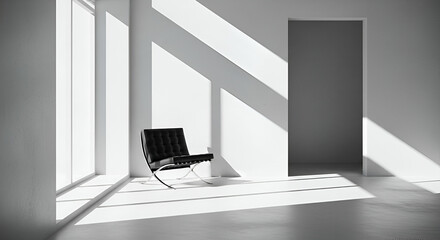 Modern minimalist interior with a black chair beside large windows and diagonal light shadows creating a serene and spacious atmosphere in a bright room