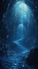 Fototapeta premium Mysterious underwater cave with glowing particles at night