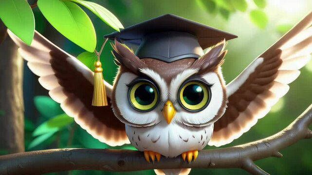 A cartoon owl wearing a graduation cap is perched on a tree branch. The owl's eyes are wide open, and it is looking at the camera. Concept of accomplishment and pride