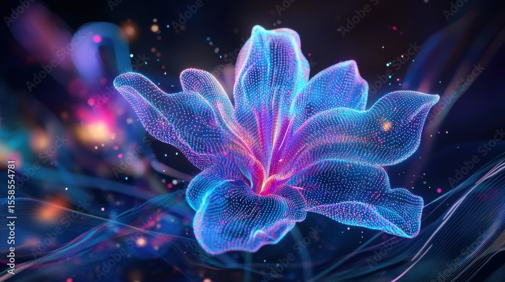 Poster glowing abstract flower in a dark digital environment