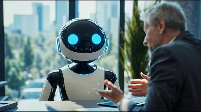 Smart AI robot interacting with office professionals, offering visual input and support in a collaborative workspace aimed at innovation.