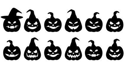 Set of black pumpkins in hats silhouette on tranparent background