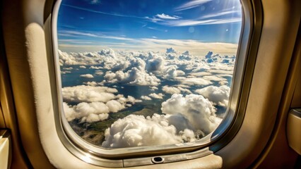 Fototapeta premium Serene blue sky with puffy white clouds through airplane window panes at cruising altitude