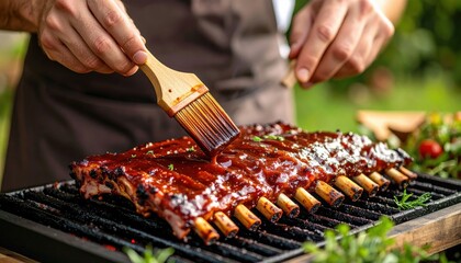Man Brushing BBQ Ribs With Sauce On Grill