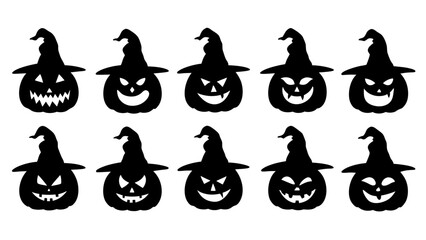 Set of black pumpkins in hats silhouette on tranparent background