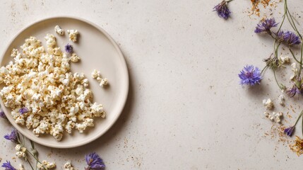 Popcorn and blue cornflowers on minimalist background for culinary inspiration