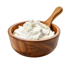 Greek yogurt in wooden bowl with spoon isolated on a transparent background