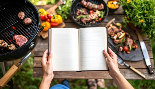 Woman Reading Recipe Book By Outdoor Grill - Powered by Adobe