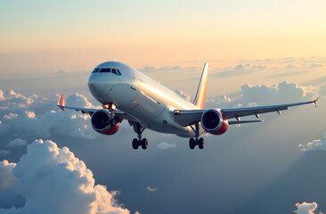 Fototapeta premium Commercial airplane flying above clouds during sunset with landing gear extended.