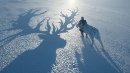 Viking in frosty shades under a massive Christmas reindeer shadow on a snowy white backdrop, winter holiday fun