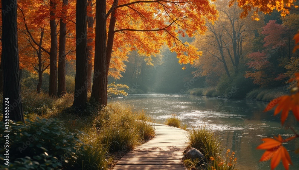 Poster serene riverside path through autumn forest with vibrant leaves