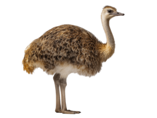 The image showcases a young emu, a large flightless bird, standing in a clean, studio-style environment. 