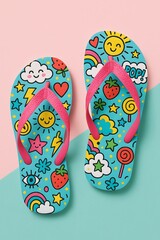 Cheerful Cartoon Flip-Flops:  Summer Fun, Kids' Fashion, Bright Colors, Playful Design, Pastel Background.