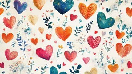 Numerous Colorful Hearts and Flowers on Textured Background
