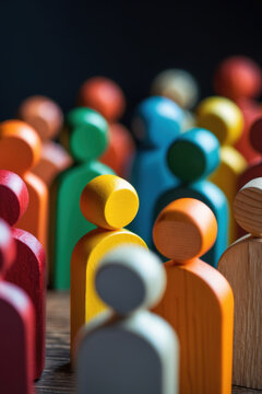 Backlit wooden multicolored figurines, population metaphor, diversity, inclusion, teamwork, human community. Conceptual image for social unity, equality, leadership. Vertical banner