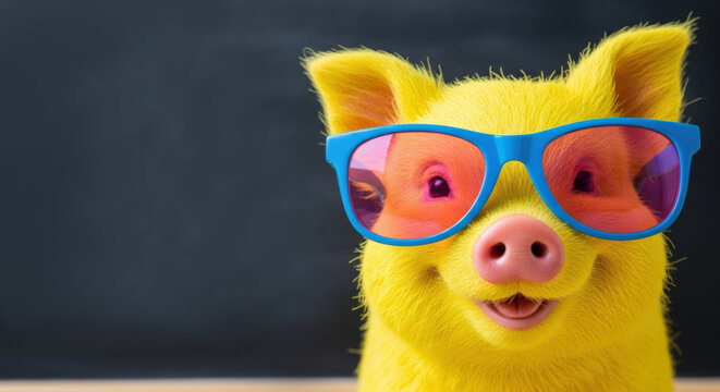 National Yellow Pig Day July 17. Geeky nerdy smiling piglet mascot in fancy sunglasses, blank black chalkboard, math class humor, back to school, quirky fun celebration mathematics. Banner, copy space