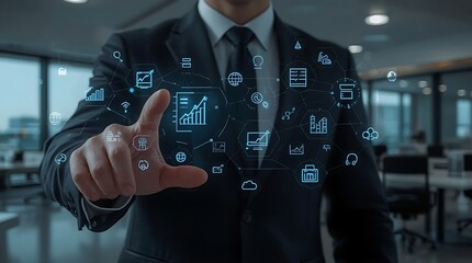 Businessman interacting with digital interface showing data analytics and business intelligence icons