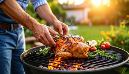 Man Grilling Roasted Chicken Outdoors
