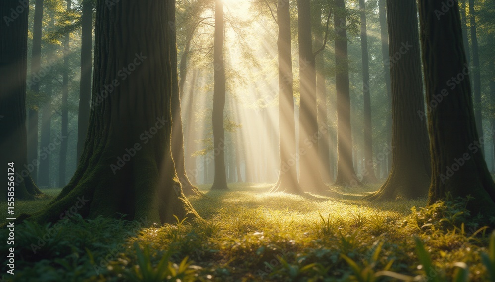 Poster Sunlight Filtering Through Trees in a Serene Forest