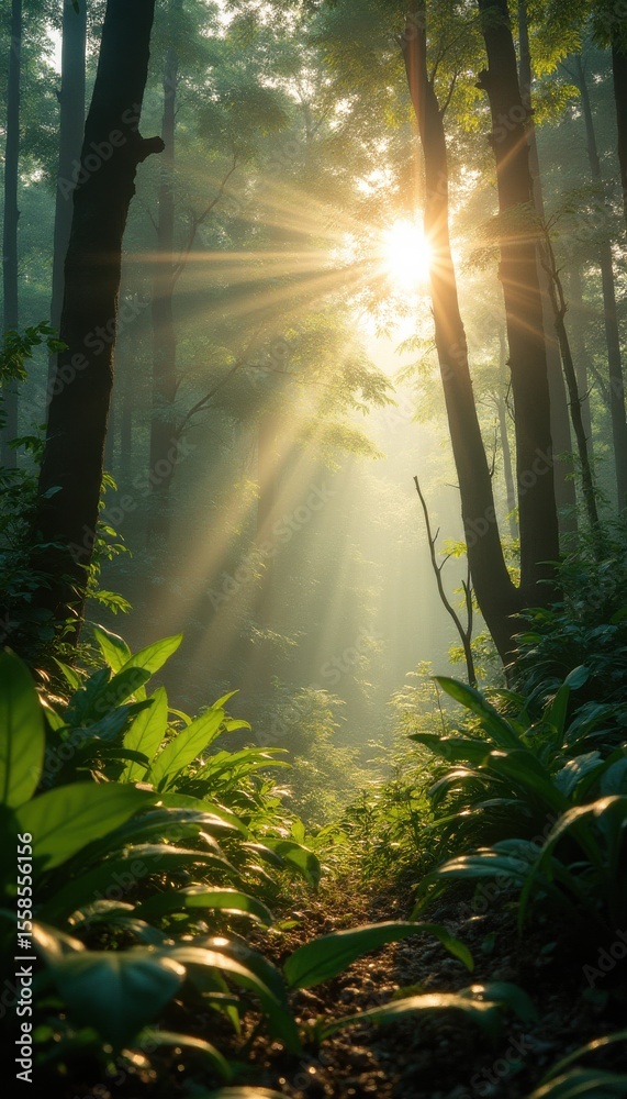 Poster Sunlight Streaming Through Trees on a Serene Forest Path