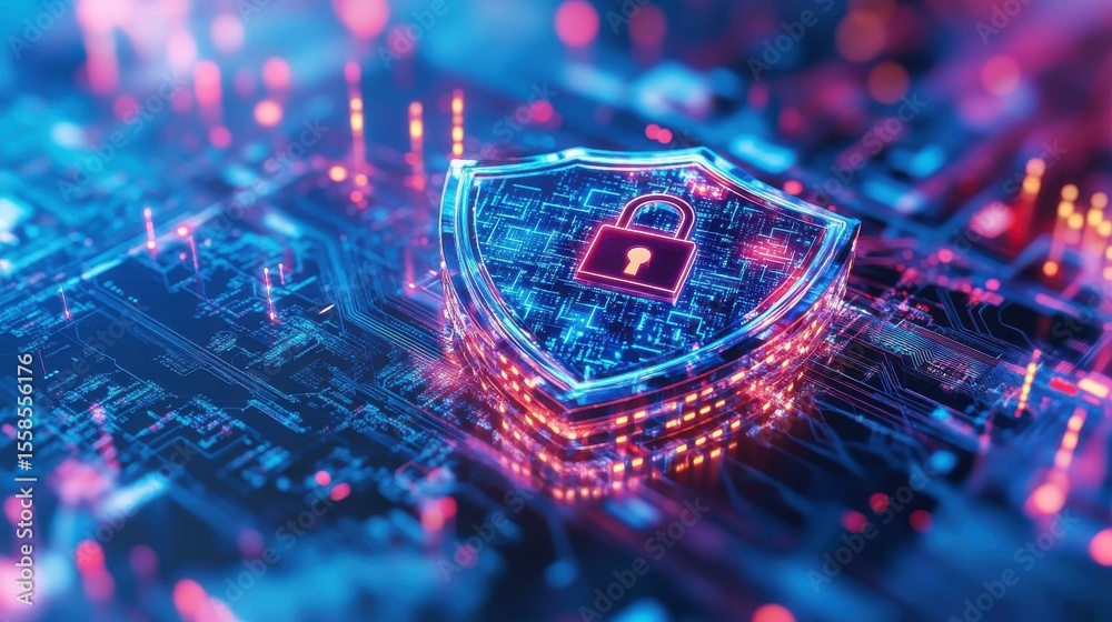 Aufkleber Digital shield with padlock icon in abstract circuit board space