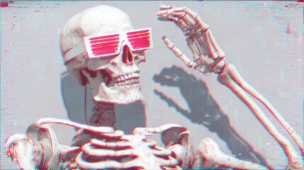 Robot in laser glasses under a giant Halloween skeleton shadow on a glitchy white background, tech-meets-spooky
