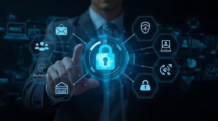 Man in suit interacting with glowing digital interface featuring a padlock and various security icons