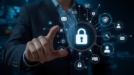 A man in a suit pointing at a digital padlock surrounded by network icons on a dark blue background