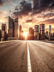 Abandoned asphalt road at dusk with a futuristic cityscape and sleek skyscrapers