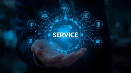 A hand holding a glowing service interface with icons around it in a dark blue and black background
