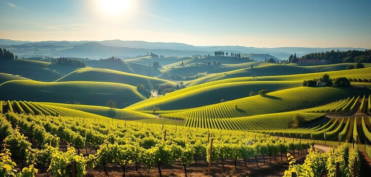 Rolling hills of Champagne vineyards, sunlit vines between Reims and Epernay,  land,  golden