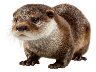 A cute otter stands alert, showcasing its brown fur and endearing expression