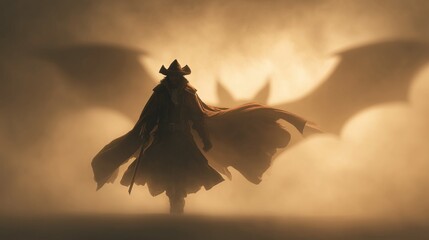 Pirate in golden shades under a massive Halloween bat shadow on a misty white background, swashbuckling spooky fun