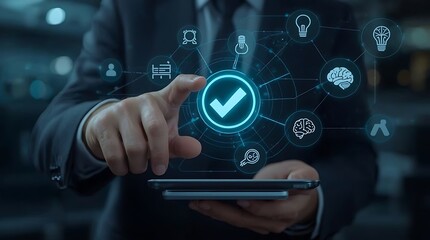 A businessman interacting with a digital interface with checkmark, brains, and lightbulb icons displayed
