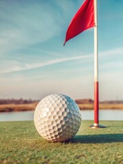 Golf ball lies on lush green grass with a red flag pole in the background