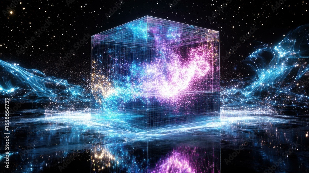 Aufkleber Glowing cube surrounded by digital particles in abstract space