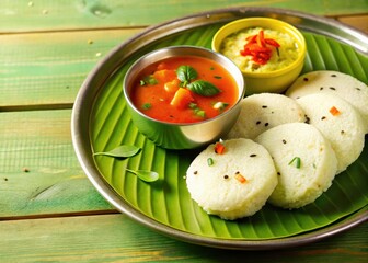 Rava Idli with steaming hot sambar and chunney on a wooden table
