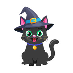 Cute Black Cat in Witch Hat Vector. Halloween Mascot, Witchcraft, and Spooky Character