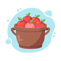 Cartoon Red Apples in a Ceramic Pot Vector. Harvest, Healthy Food, and Fresh Fruit