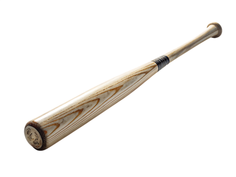 Natural wood baseball bat with black grip tape detail and wood grain texture isolated on a transparent background
