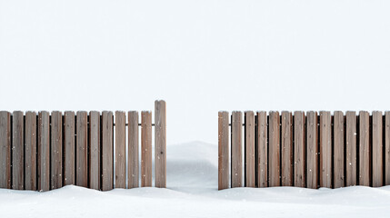 front view Wooden planks fence in snowy winter landscape with white snow covering rural field nature background and cold outdoor environment