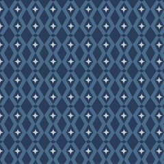 Seamless Blue Diamond Pattern with White Stars and Geometric Lattice