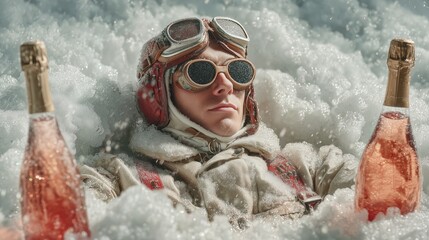 Pilot in aviator goggles under a massive New Year champagne shadow on a bubbly white background, celebration concept